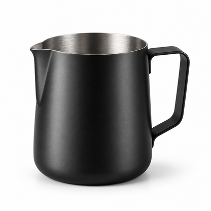 Make Every Pour Part of the Craft: Black Latte Art Milk Pitcher with a Silver Interior, Shaped Spout & Angular Handle