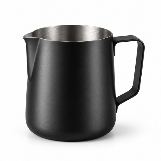 Make Every Pour Part of the Craft: Black Latte Art Milk Pitcher with a Silver Interior, Shaped Spout & Angular Handle