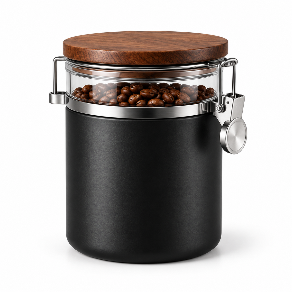 A Home for Your Favorite Beans: Black Coffee Storage Canister with a Wooden Lid, Clear Upper Collar & Silver Clamp Closure