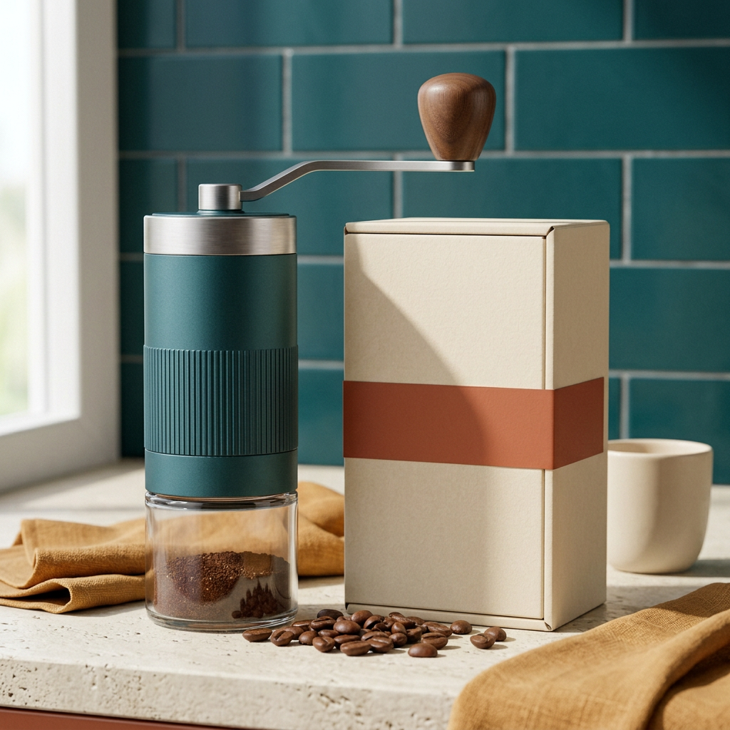 Manual coffee grinder and logo-free packaging beside cream cup and ochre linen