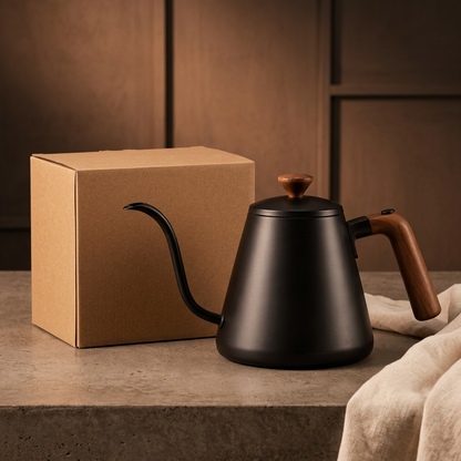 Gooseneck kettle in mocha and black studio with warm lighting