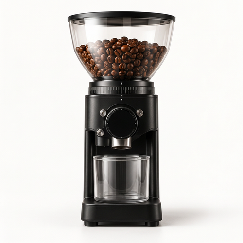 Black coffee grinder on pure white background