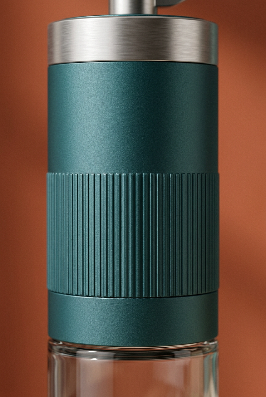 Fine vertical grip ribs on the deep teal grinder body
