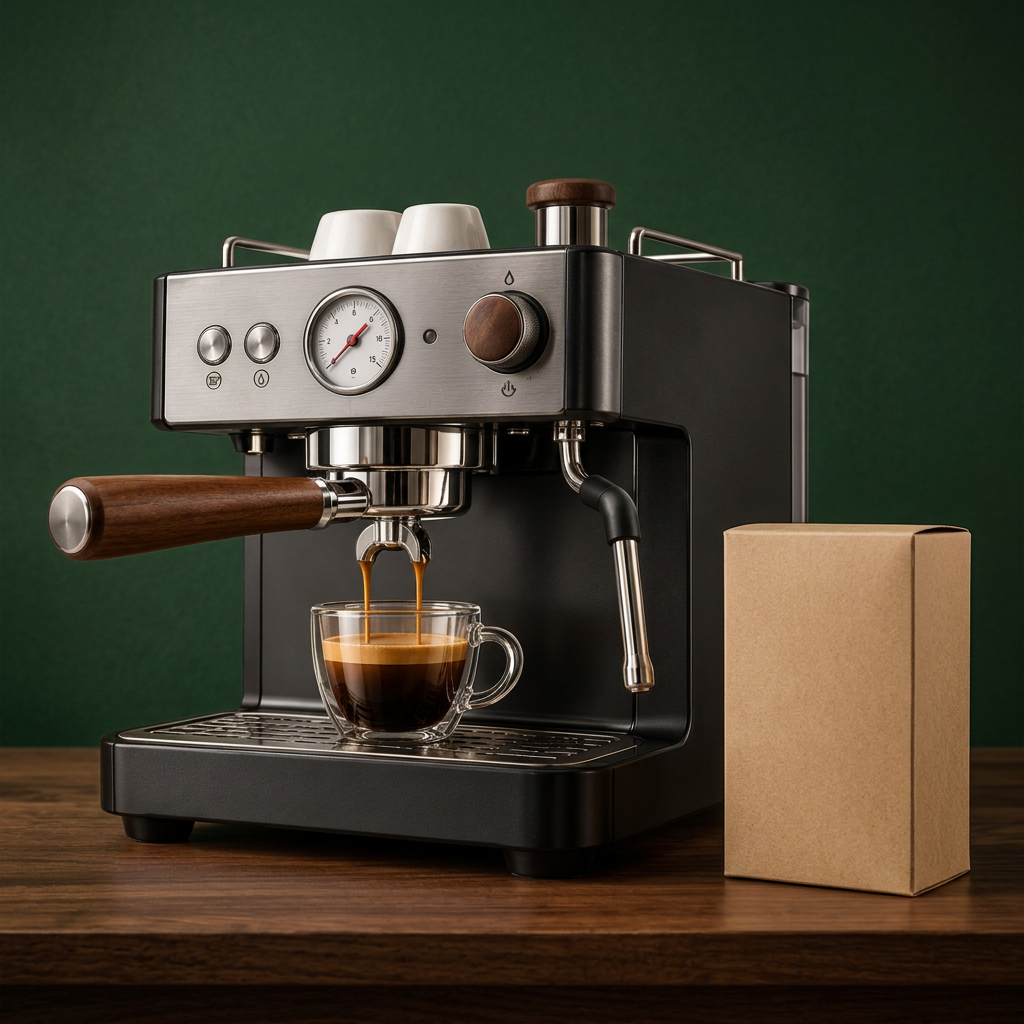 Espresso coffee machine on forest green background with unbranded kraft box