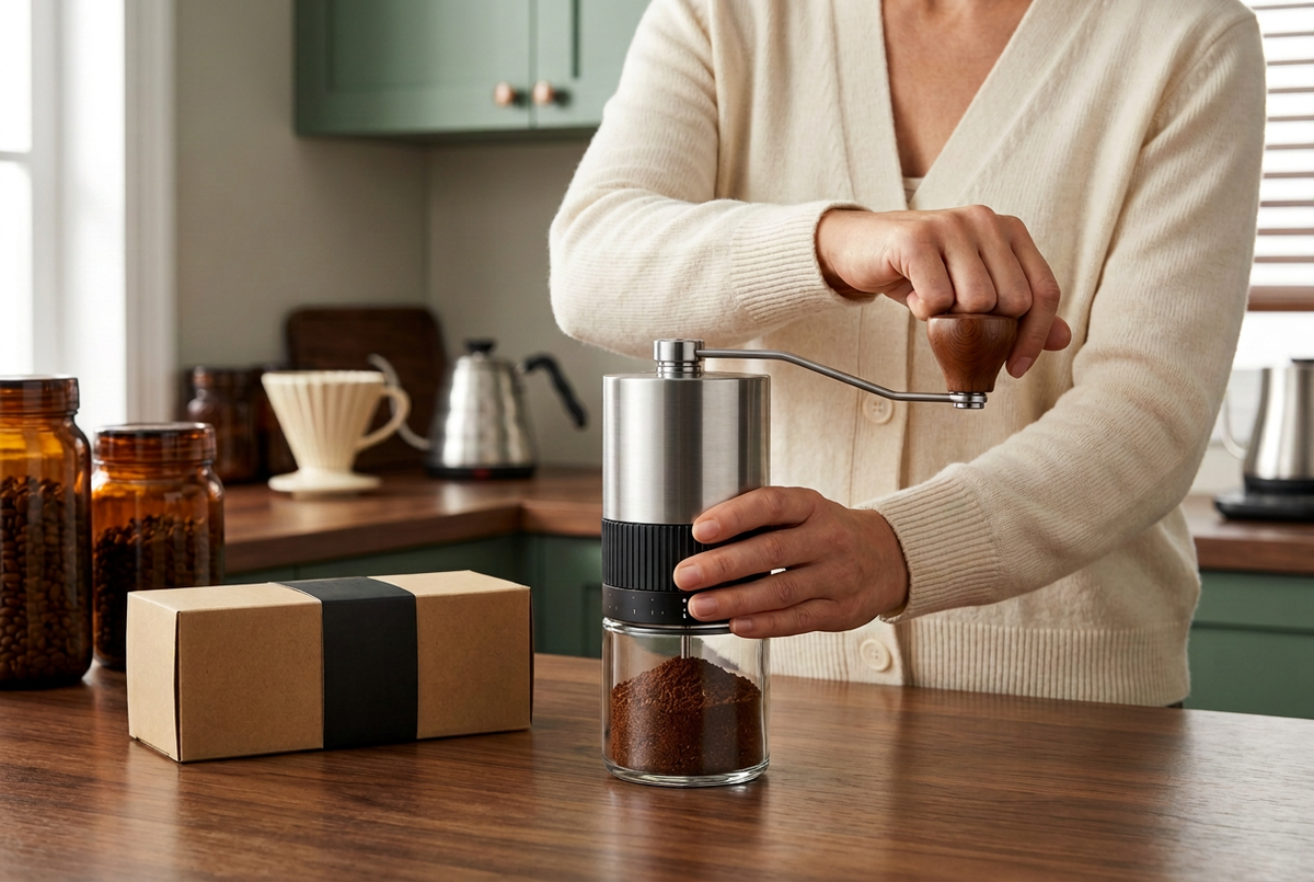 Woman operating manual coffee grinder with unbranded packaging