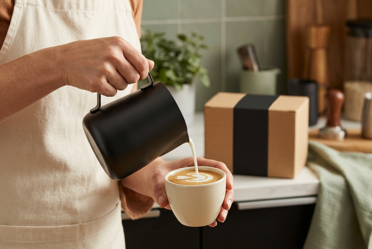 Woman pouring latte milk with black pitcher