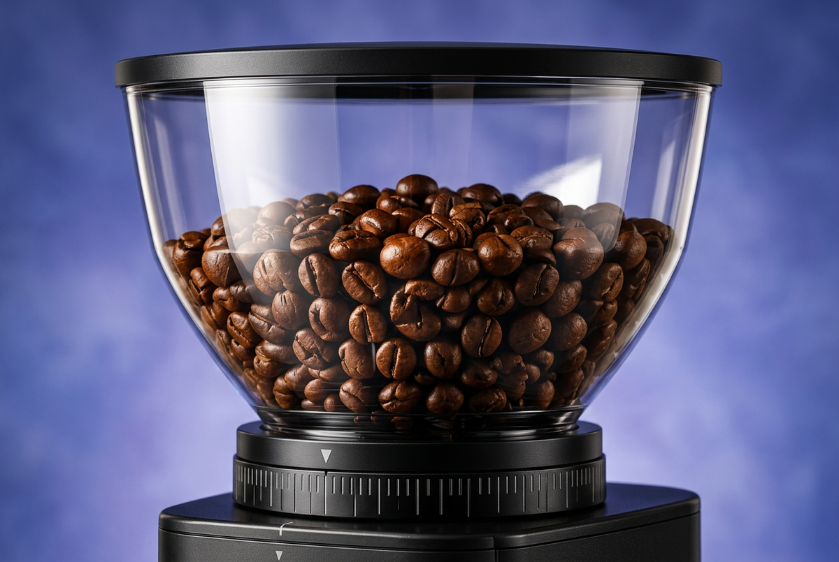 Close-up of transparent coffee bean hopper and black lid