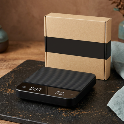 Black digital coffee scale main hero