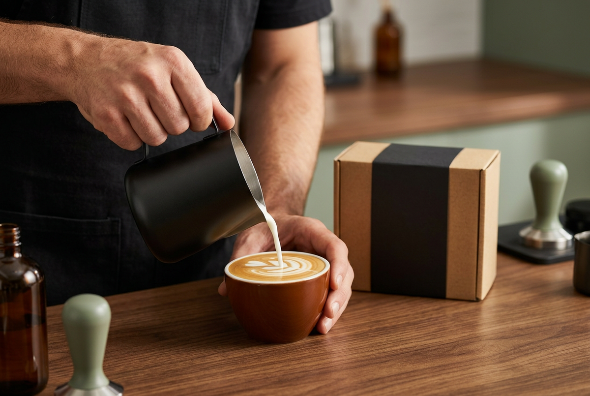 Man pouring latte art with the same black pitcher