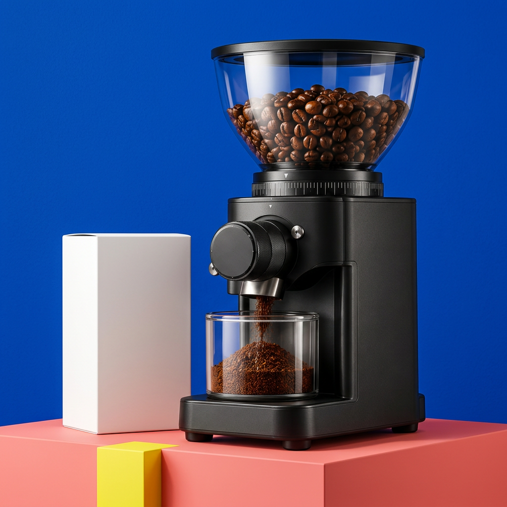 Black coffee grinder with plain white box on cobalt and coral studio set