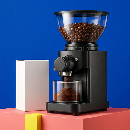 Black coffee grinder with plain white box on cobalt and coral studio set