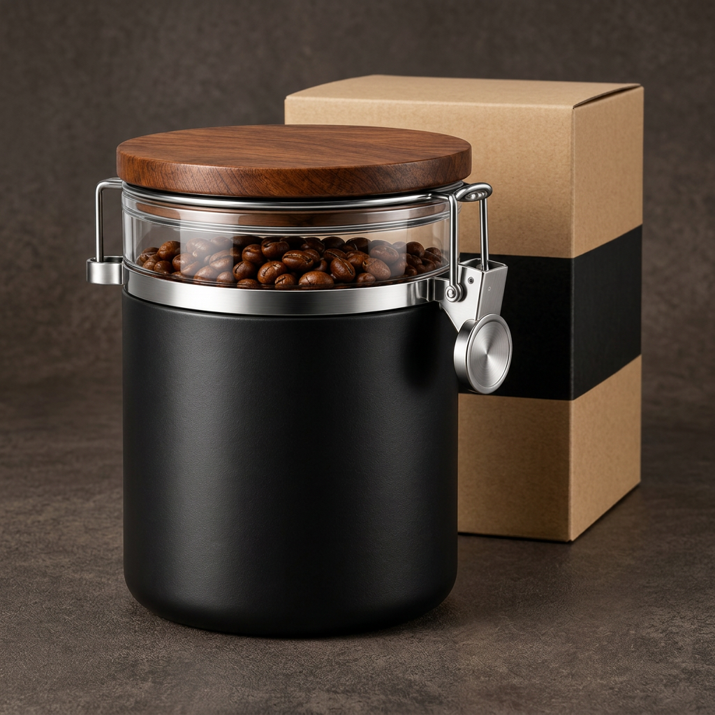 Black coffee bean canister with wooden lid main hero