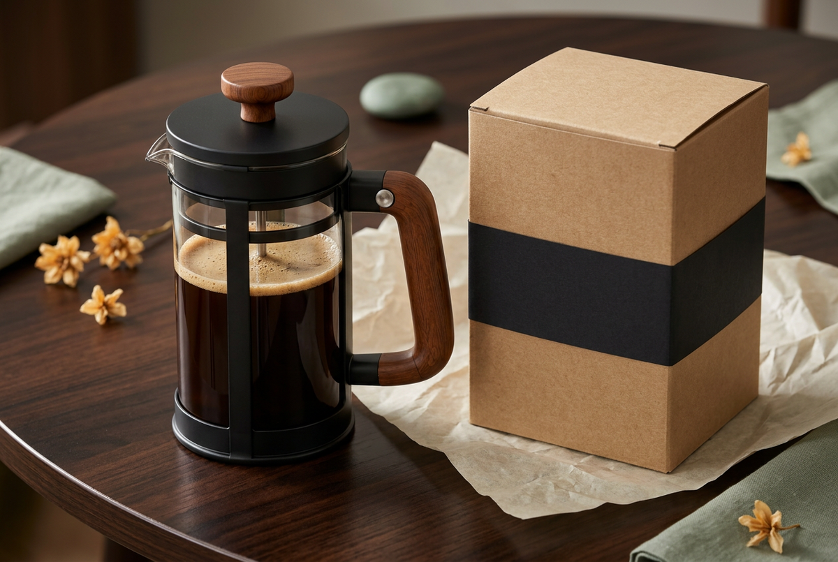 French press with plain unbranded kraft packaging concept