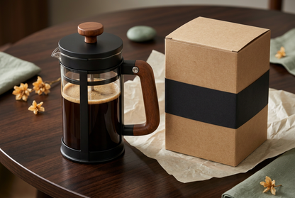 French press with plain unbranded kraft packaging concept