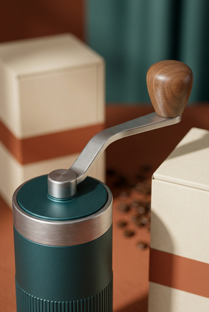 Close-up of silver-tone crank and rounded brown knob
