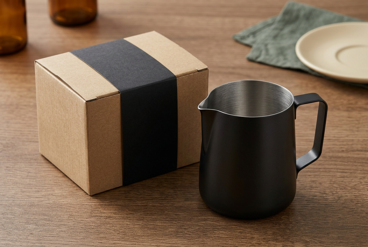 Pitcher beside plain kraft packaging with black band