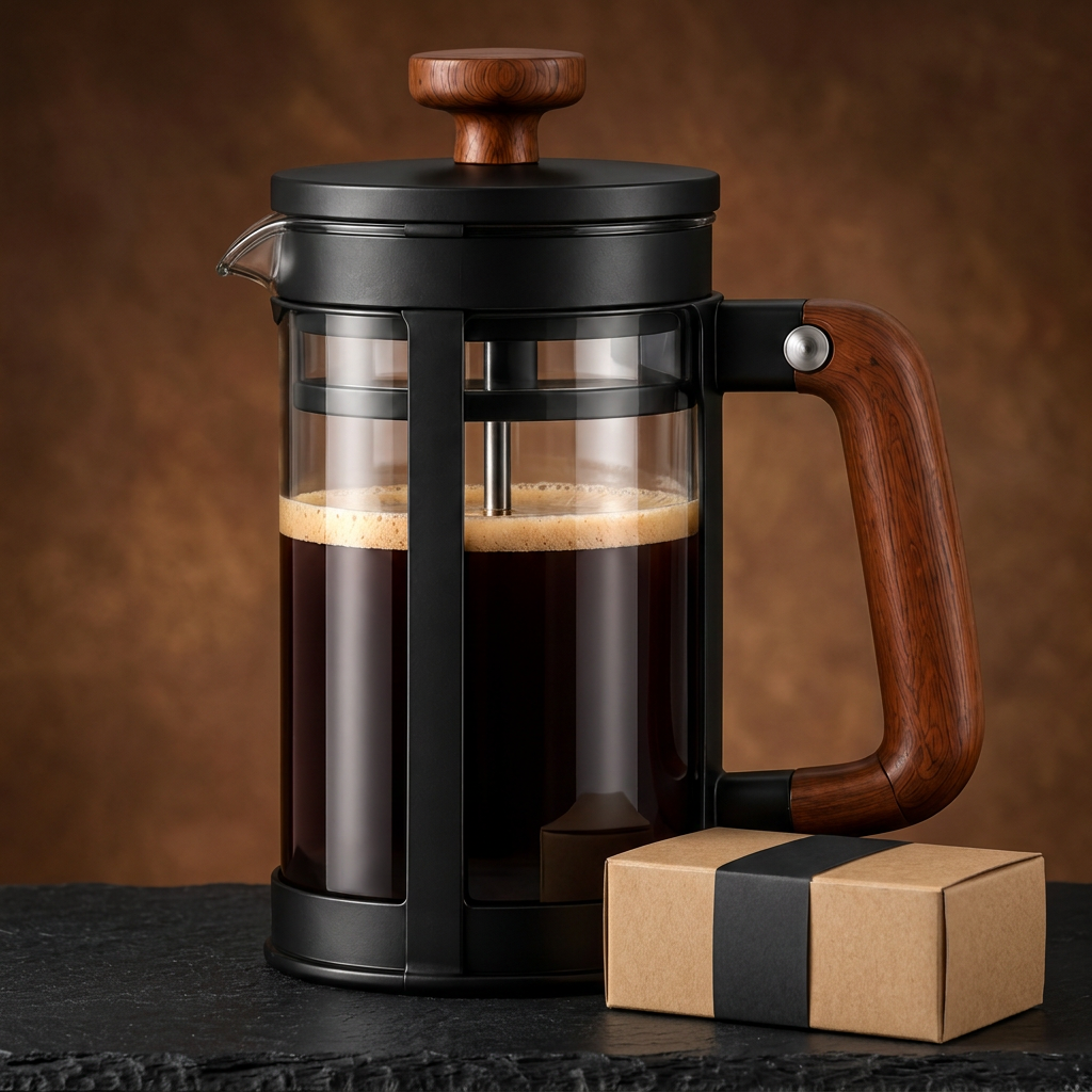 French press main hero with black frame and wooden handle