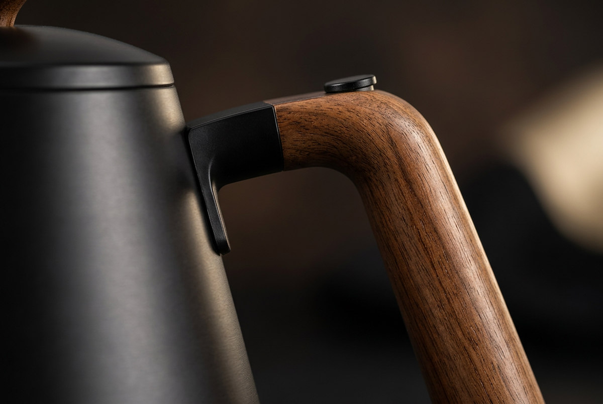 Close-up of brown wood-tone kettle handle