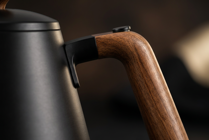 Close-up of brown wood-tone kettle handle