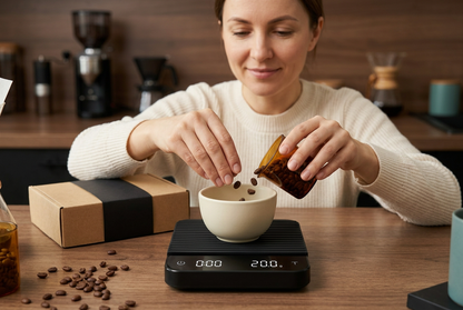 Woman weighing coffee beans on black scale