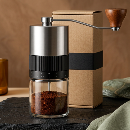 Manual coffee grinder main hero with kraft packaging