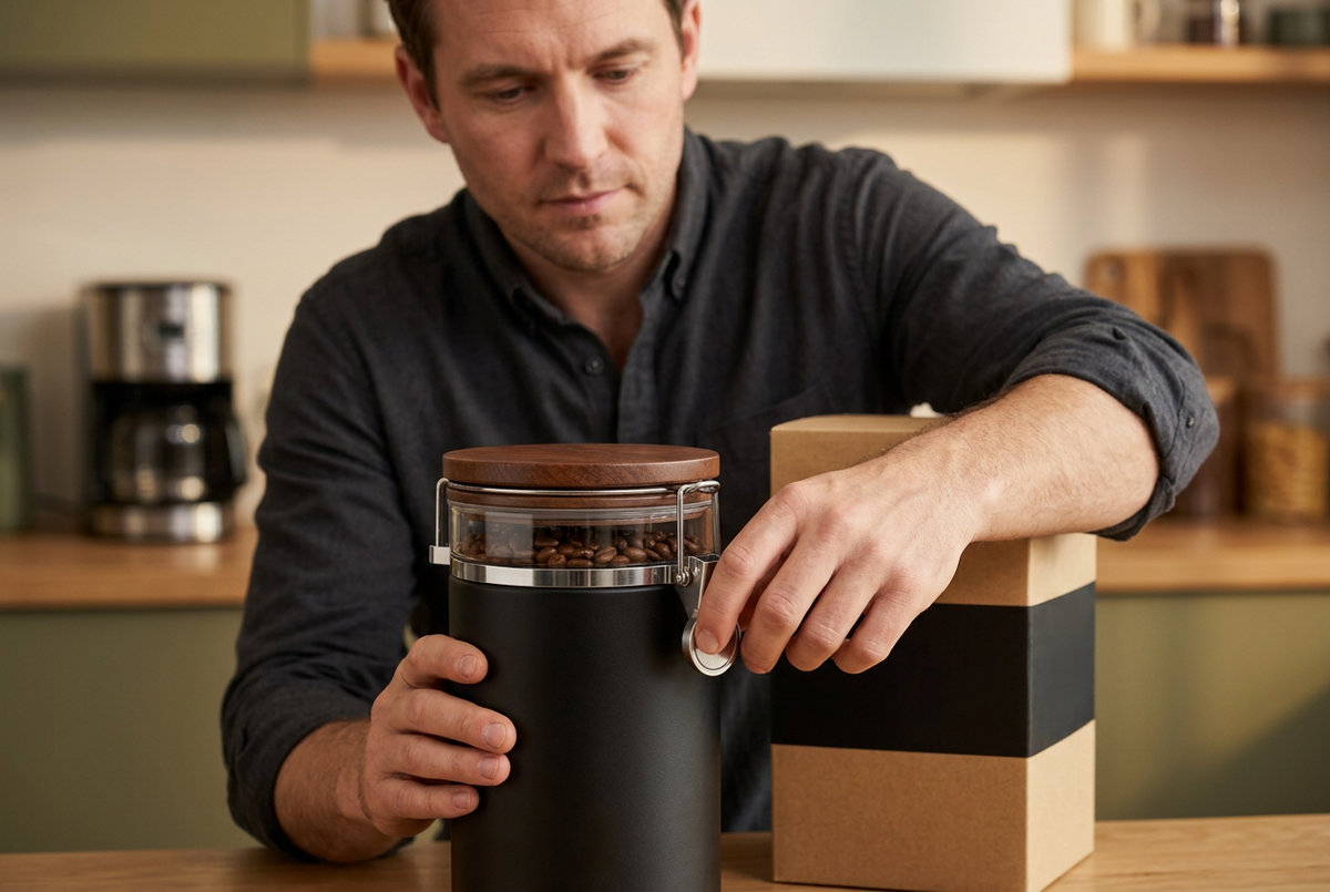Man operating coffee canister closure