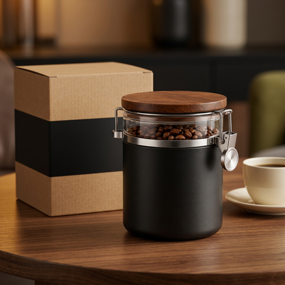 Coffee canister on walnut countertop