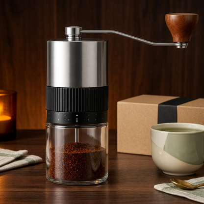 Manual coffee grinder on walnut counter