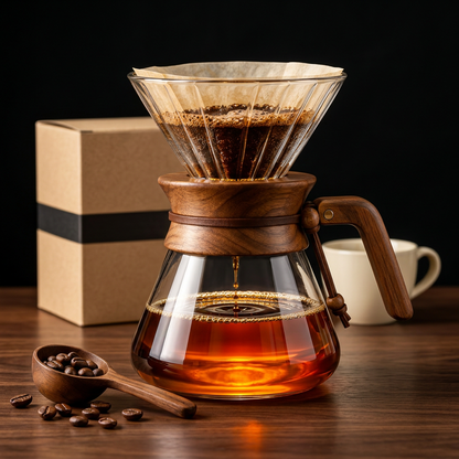 Coffee brewer on dark walnut table