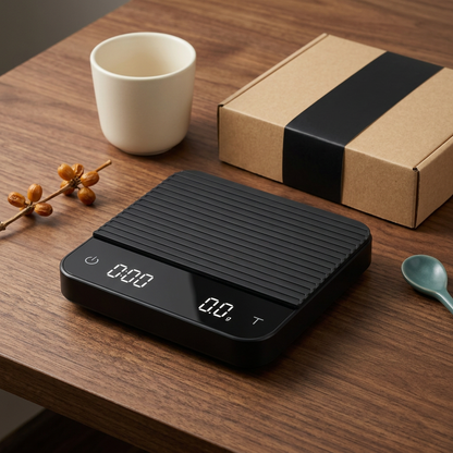 Digital coffee scale on walnut tabletop