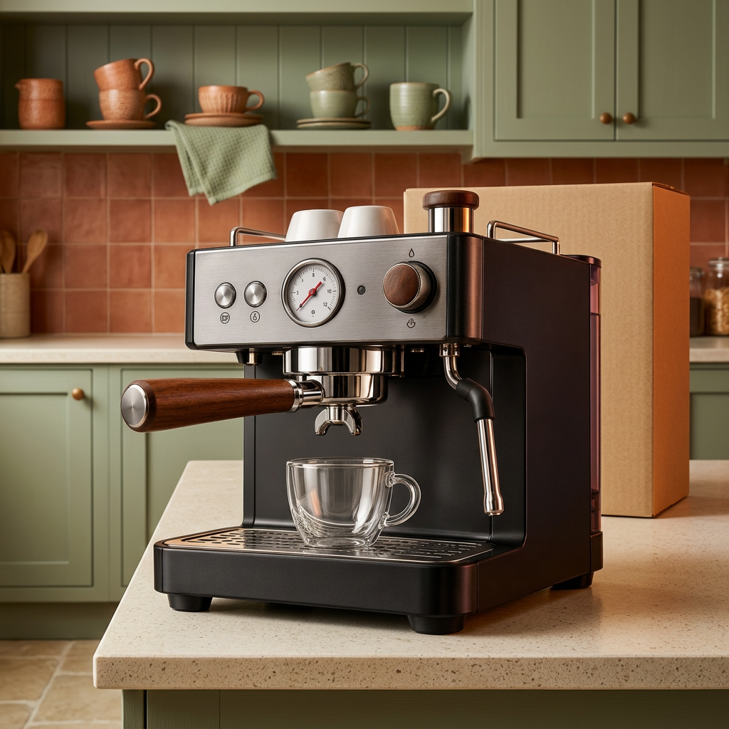 Espresso machine in cream and terracotta kitchen