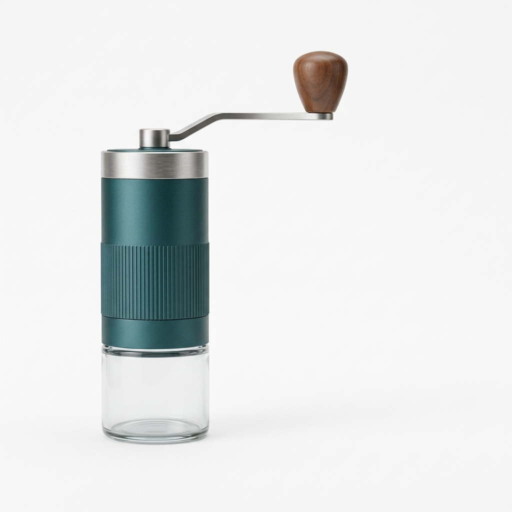 Assembled teal manual coffee grinder isolated on a white background