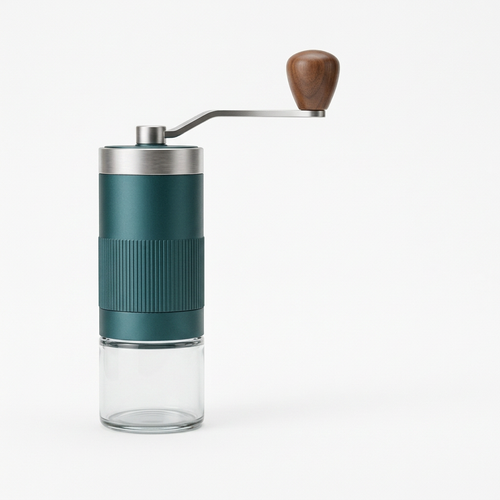 Assembled teal manual coffee grinder isolated on a white background