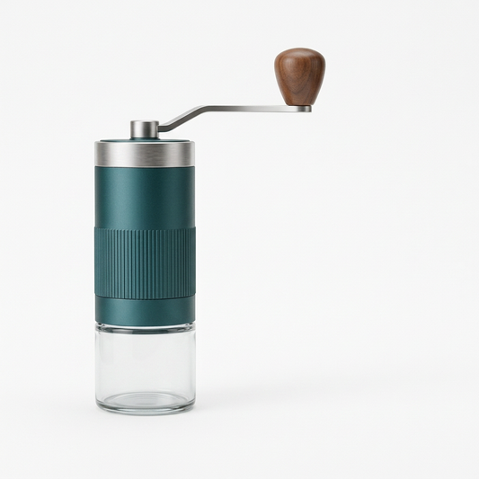 Assembled teal manual coffee grinder isolated on a white background