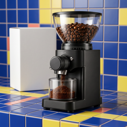 Coffee grinder on a colorful contemporary coffee bar