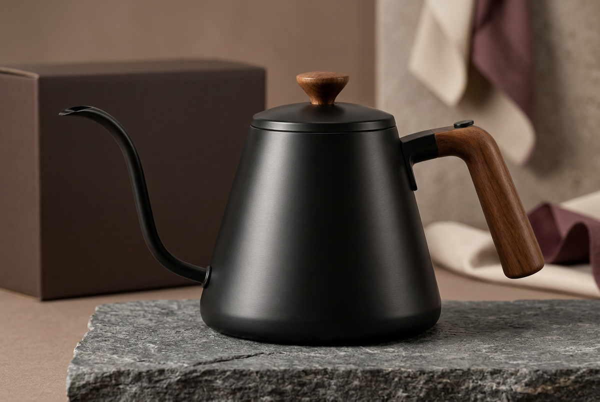 Detail of tapered black kettle body and curved lower edge