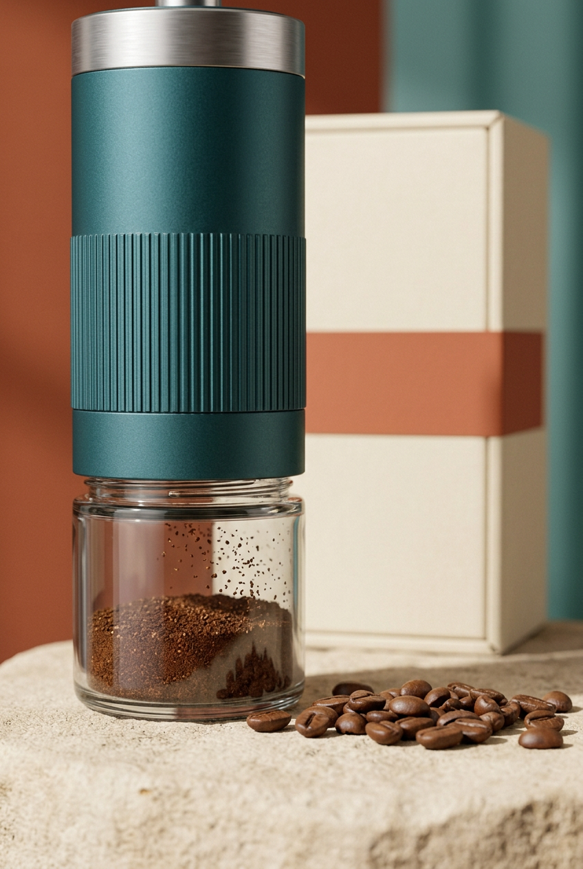 Transparent catcher displaying coffee grounds below the teal grinder