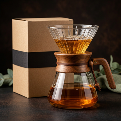 Main hero view of glass coffee brewer with wooden accents