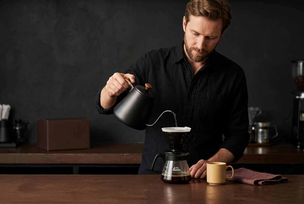 Man using gooseneck kettle at a black and coffee-brown coffee counter
