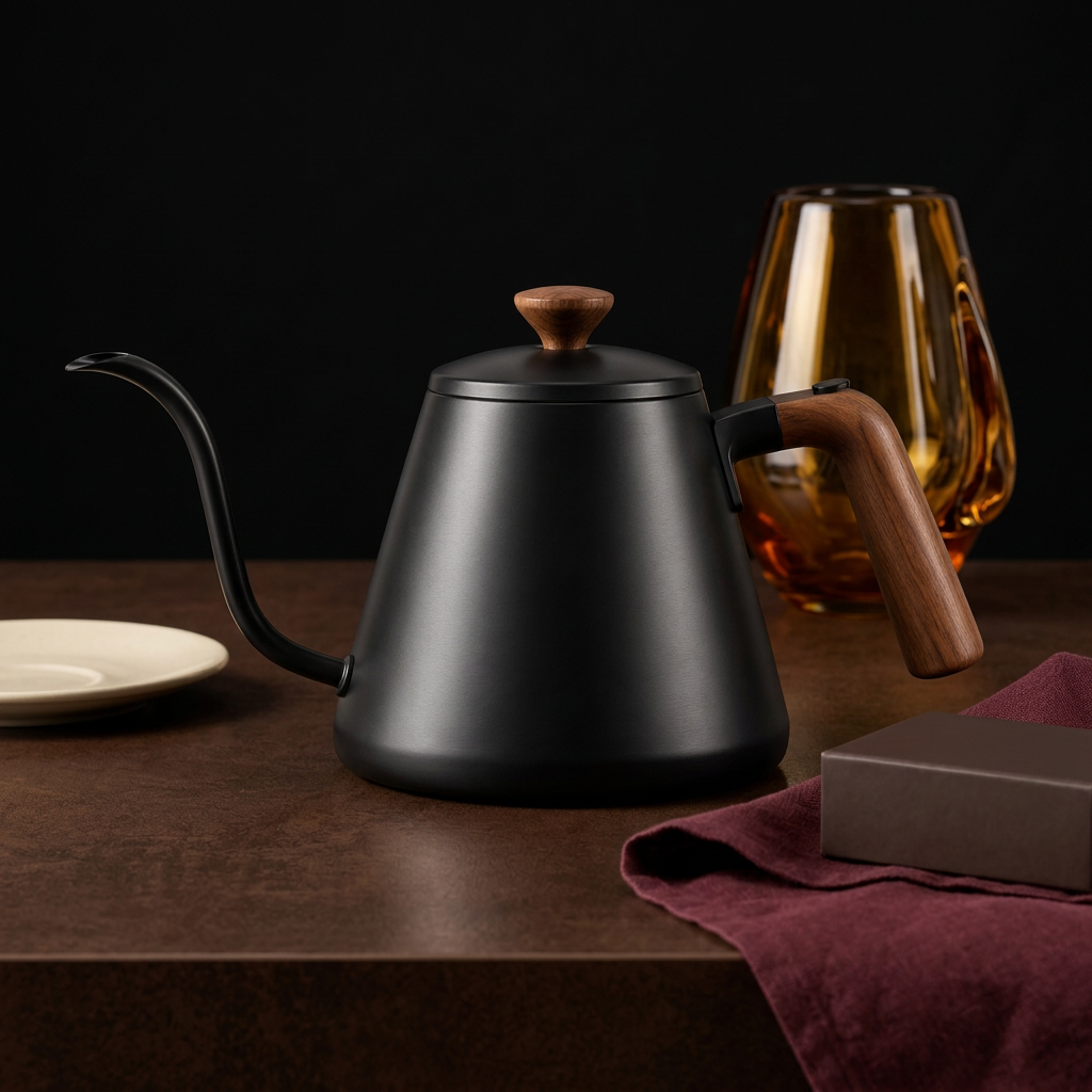 Gooseneck kettle on chocolate-brown coffee counter