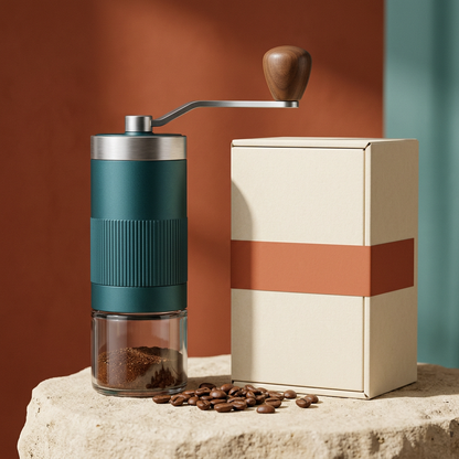 Deep teal manual coffee grinder beside logo-free ivory packaging with a terracotta band