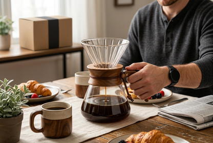 Man using glass sharing carafe at breakfast