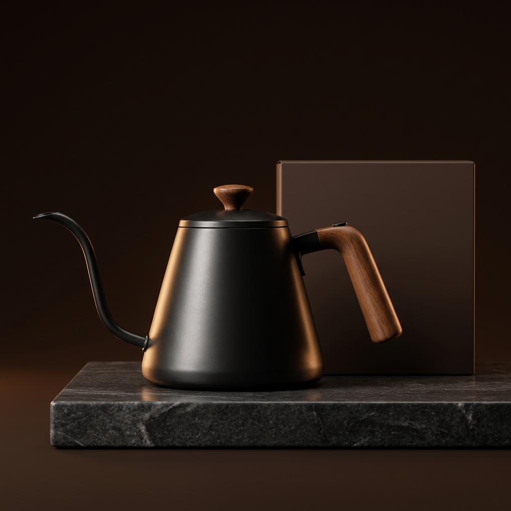 Black gooseneck kettle on espresso-brown studio background with plain brown box