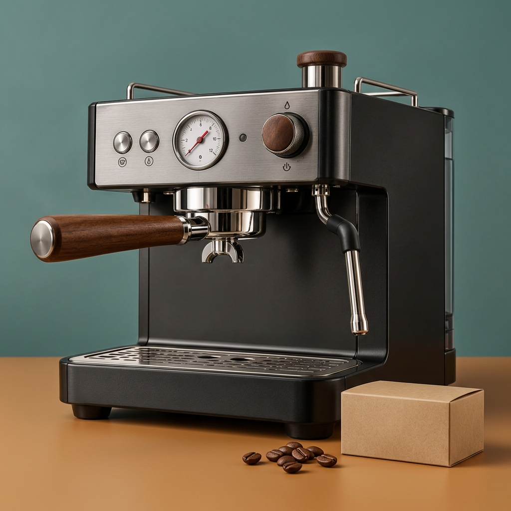 Espresso machine in caramel and teal studio setting