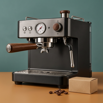 Espresso machine in caramel and teal studio setting