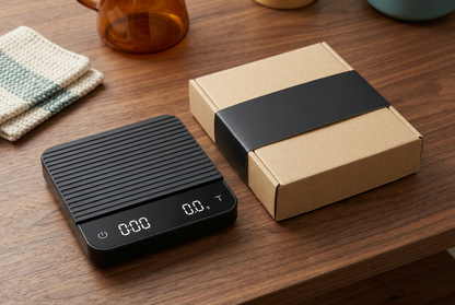 Coffee scale beside unbranded kraft packaging concept