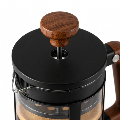 Wooden plunger knob and black lid detail