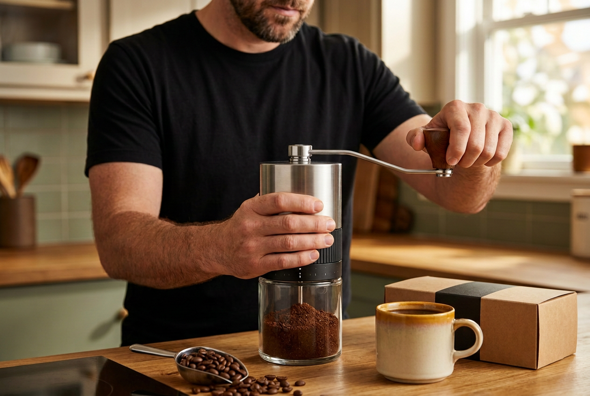 Man operating manual coffee grinder beside coffee cup