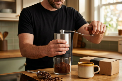 Man operating manual coffee grinder beside coffee cup