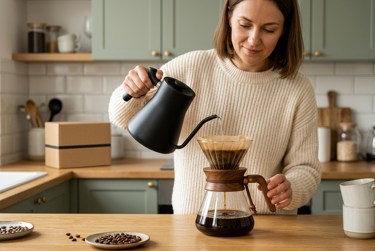 Woman preparing pour-over coffee